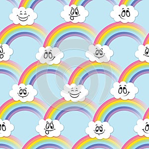 Rainbow, white clouds of emoticons. A seamless pattern for your ideas.