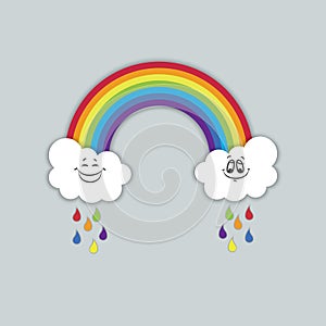 Rainbow with white clouds and pretty smileys. Vector