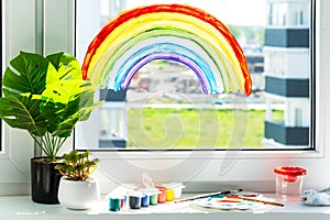 Rainbow on window during quarantine at home. Thank You