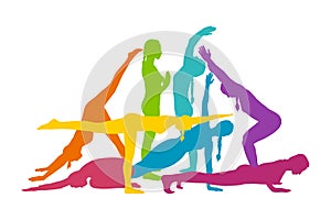 Rainbow woman silhouettes practicing yoga asanas. Sportive woman in yoga movements. Vector illustration