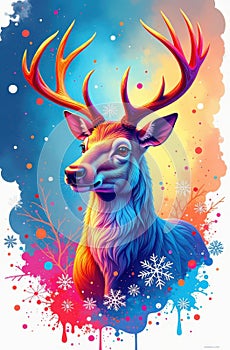 Rainbowcore deer head, antlers decorated with New Year details. New Year and Christmas atmosphere photo