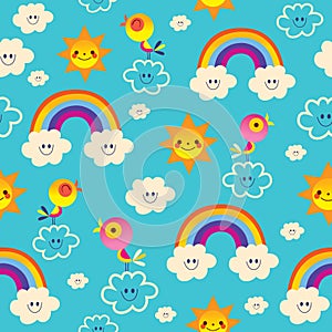 Rainbows birds clouds sun blue sky seamless pattern