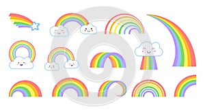 Rainbows. Cartoon flat rainbow icons, funny symbol with kawaii face clouds. Kids weather symbols, isolated colorful arc