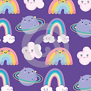 Rainbows clouds planet sky space magic cartoon decoration background