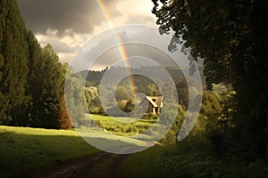 rainbows end near a lush green landscape