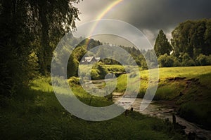 rainbows end near a lush green landscape