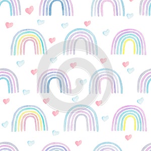 Rainbows and hearts tenderly watercolor seamless pattern. Digital paper. Kids illustration. Colorful nursery art photo