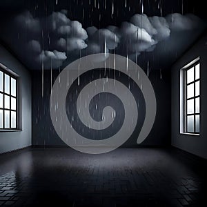 Dark, rainy storm cloud in an empty dark room - ai generated image