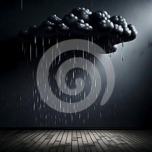 Dark, rainy storm cloud in an empty dark room - ai generated image