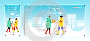 Raincoat and boots landing page flat color vector template