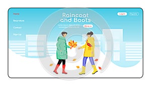 Raincoat and boots landing page flat color vector template