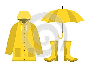 Raincoat, rubber boots, open umbrella, set of rainy season in flat on white background design vector
