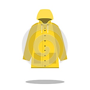 Raincoat yellow icon, Flat design of rain coat clothing with round shadow, vector illustration