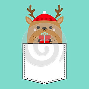 Raindeer deer head face holding gift box. T-shirt pocket. Red hat, nose, horns. Merry Christmas. New Year. Cute cartoon kawaii