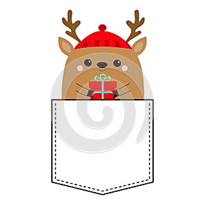 Raindeer deer head face holding gift box. T-shirt pocket. Red hat, nose, horns. Merry Christmas. New Year. Cute cartoon kawaii