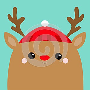 Raindeer deer head face. Red hat, nose, horns. Merry Christmas. Happy New Year. Cute cartoon kawaii baby character. Funny animal.