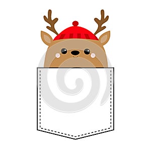 Raindeer deer head face. T-shirt pocket. Red hat, nose, horns. Merry Christmas. Happy New Year. Cute cartoon kawaii baby character