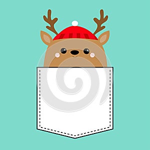 Raindeer deer head face. T-shirt pocket. Red hat, nose, horns. Merry Christmas. Happy New Year. Cute cartoon kawaii baby character