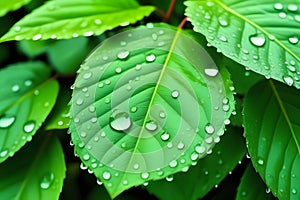 Raindrop-covered Green Leaves, Isolated on Green. Spring and Summer Freshness