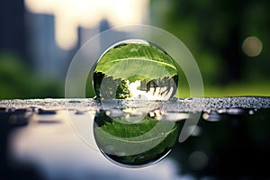 Raindrop on a glass sphere reflecting a leaf and cityscape., Generated AI