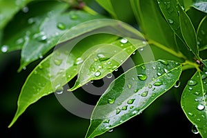 Raindrops adorning lush green leaves, background wallpaper