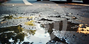 Raindrops on the asphalt road in the evening. Abstract background.