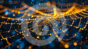 Raindrops bead on a spider& x27;s web,