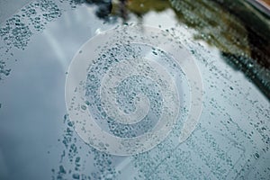 Raindrops on the car glass.