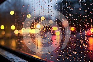 raindrops on a car windshield with bokeh lights