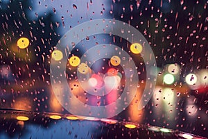 raindrops on a car windshield with bokeh lights