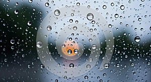 Raindrops cover a glass surface with varying sizes, creating a textured effect. In the