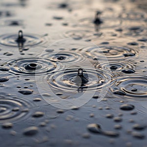 Raindrops create ripples on a smooth water surface, forming circula