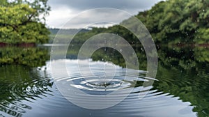 Raindrops creating ripples on a calm lake surface