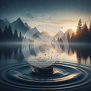 Raindrops creating ripples on a calm lake surface