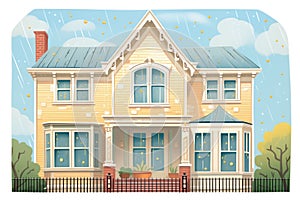 raindrops on dormer windows of a colonial revival house, magazine style illustration
