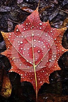 raindrops on a fallen maple leaf