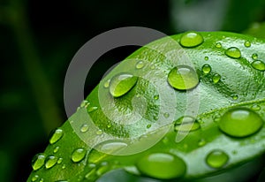 raindrops on fresh green leaves on a black background. Macro shot of water droplets on leaves. Waterdrop on green leaf after a