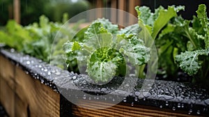 Raindrops on fresh green leaves of growing lettuce plants in wooden raided beds. Community, urban rooftop garden