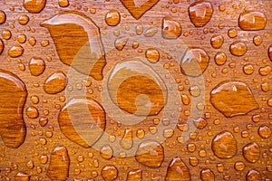 Raindrops on freshly oiled green-heart wood