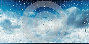 Raindrops on Glass with Beautiful Blue and White Sky Background. Perfect for Web Design.