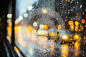 raindrops on a glass with blurred background of wet autumn city street, road and cars, streetlights in the evening, late
