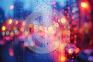Raindrops Glistening on a Windowpane Against a Blurry Cityscape at Twilight