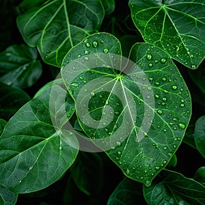 Raindrops linger on fresh green leaves, close up natures elegance