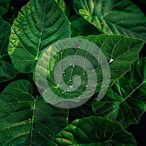 Raindrops linger on fresh green leaves, close up natures elegance