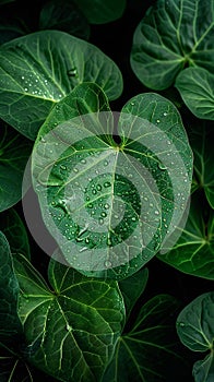 Raindrops linger on fresh green leaves, close up natures elegance