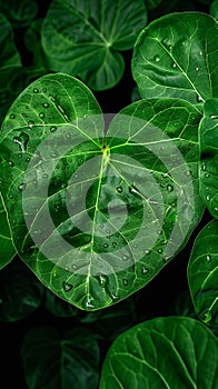 Raindrops linger on fresh green leaves, close up natures elegance