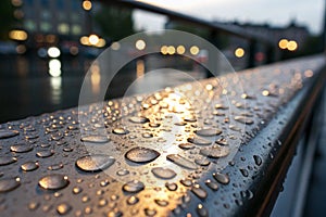 Raindrops on the metal surface in the light colored lights