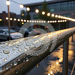Raindrops on the metal surface in the light colored lights