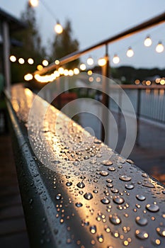 Raindrops on the metal surface in the light colored lights