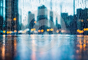 Raindrops patterning against a windowpane, creating a blurred cityscape beyond, offering a moment of reflection amid the